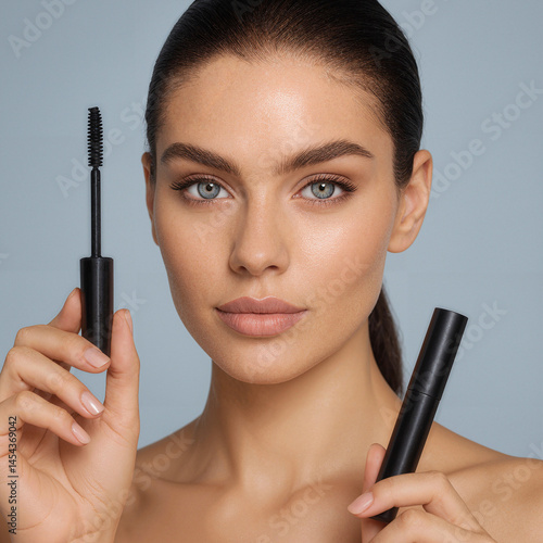 Close-Up of Woman Holding Mascara for Beauty Product,Mockup