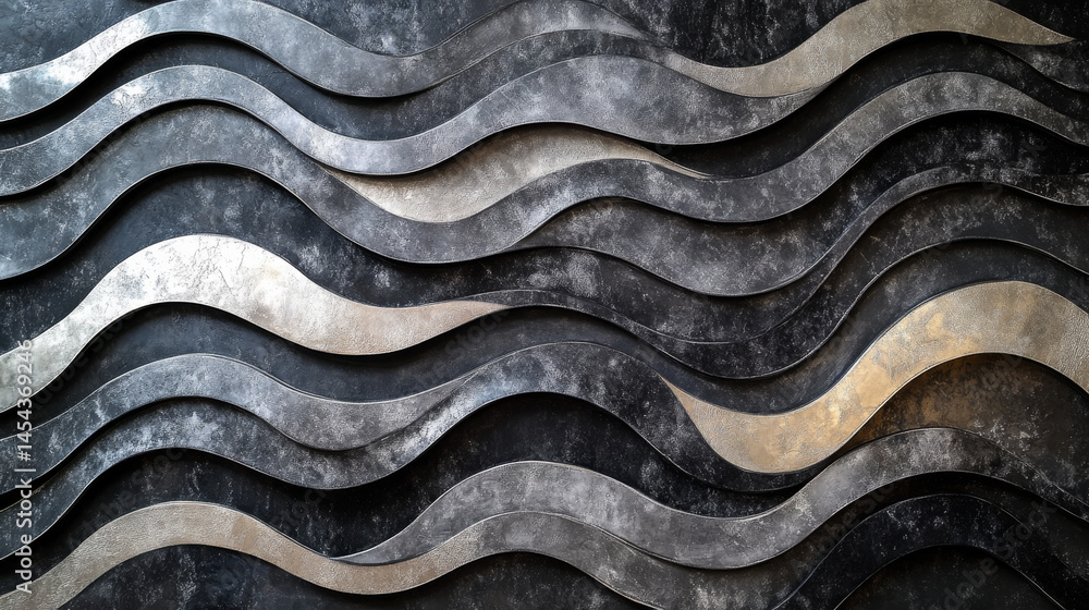 Abstract wave pattern in black, gray, and silver, forming a metallic texture ideal for web banners or stylish backdrops Abstract wave pattern in black, gray, and silver, forming a metallic texture ideal for web banners or stylish backdrops