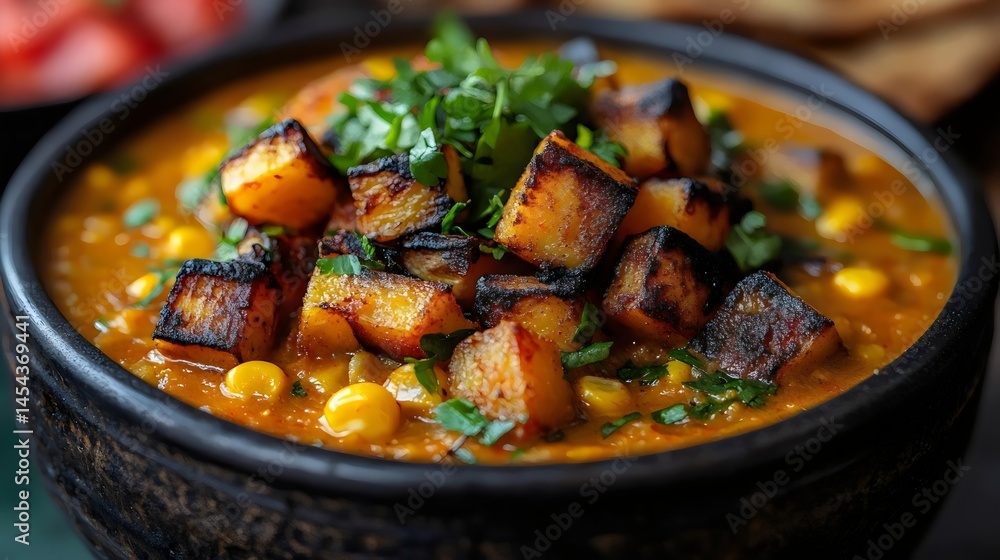 Delicious vegetable stew with roasted potatoes and fresh herbs in a dark bowl. Delicious vegetable stew with roasted potatoes and fresh herbs in a dark bowl.