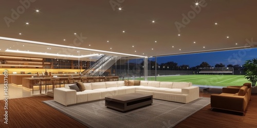 A VIP lounge in a stadium with premium seating, glass walls, and a breathtaking panoramic view of the field.