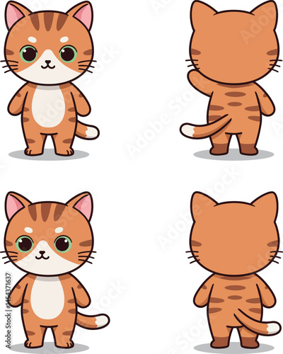 Cute cartoon orange tabby cat character front and back view vector illustration for tshirt prints 