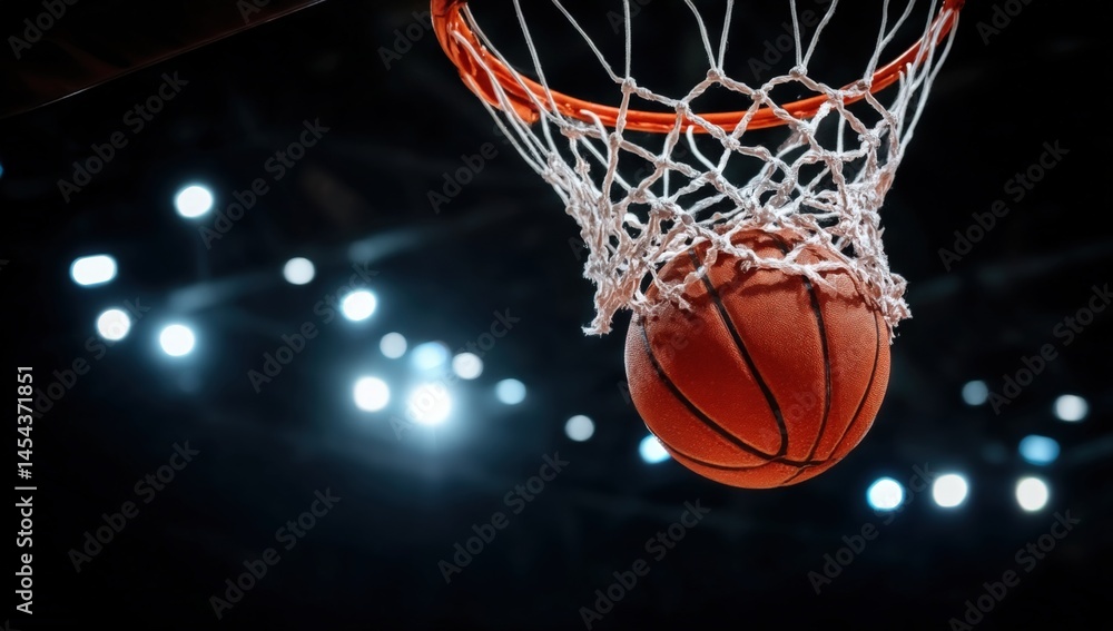 A basketball is about to go through the hoop under bright stadium lights during a game. A basketball is about to go through the hoop under bright stadium lights during a game.