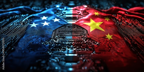 USA and China flags, surrounded by technological devices and microchips, symbolizing the technological battle in the trade war over semiconductor production.