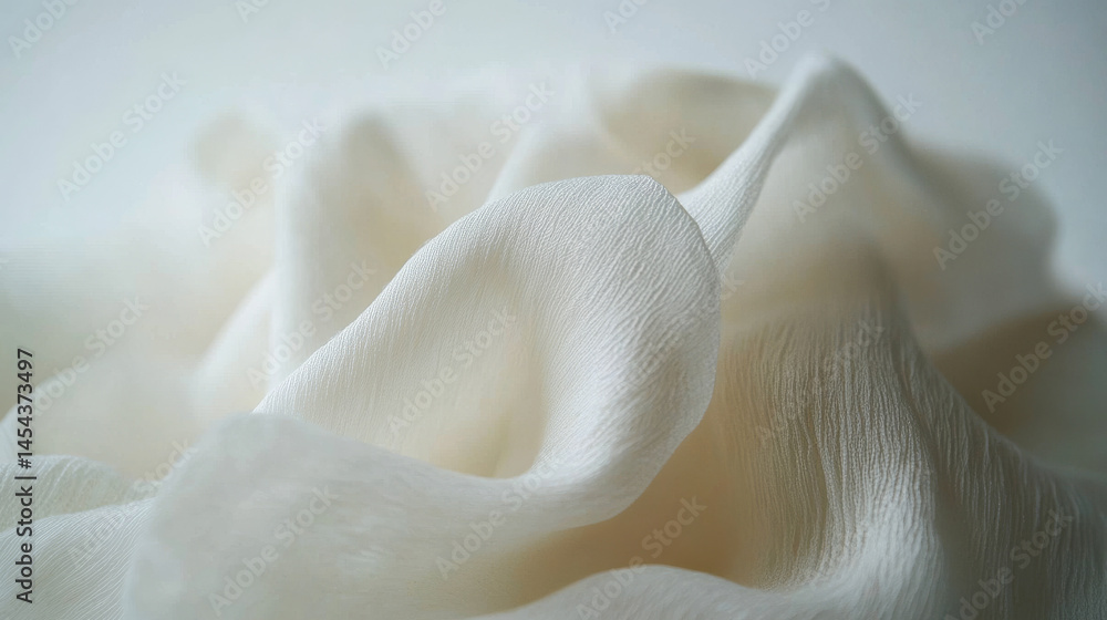 Close-up of a softly flowing white fabric with gentle folds and texture, captured against a white backdrop Close-up of a softly flowing white fabric with gentle folds and texture, captured against a white backdrop