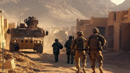 Group of soldiers are walking down a dirt road in a desert. The soldiers are wearing camouflage uniforms and carrying weapons. The scene is tense and serious, as the soldiers are on a mission
