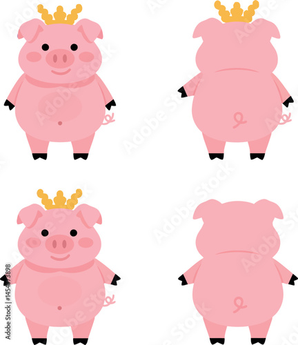Cute pig cartoon vector with golden crown front and back view for t-shirt print designs 