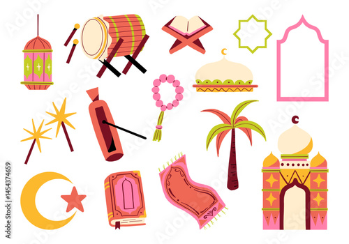 Ramadan Islamic Festival Icon Collection. A collection of decorative islamic elements including mosque prayer rug crescent lantern drum palm tree. Perfect for ramadan posters and religious content