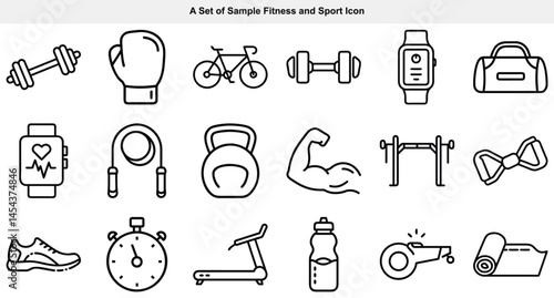 Assorted fitness icons showcase a variety of sports equipment in a clear and simple style