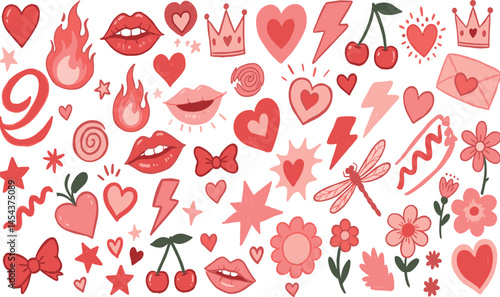 Bow and heart girl coquette pattern. Cute crayon girly vector. Retro cherry flower kiss strawberry butterfly bg. Vintage pink Valentine Wedding bow ribbon print. Line shape doodle set