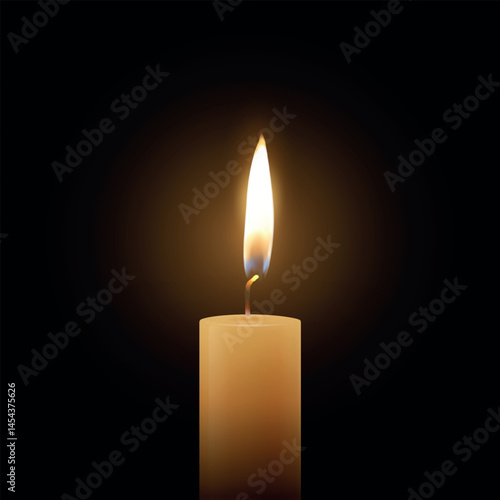 Realistic Vector Candle Flame Clipart on Black Background. Single Wax Pillar Candle with Soft Warm Glow and Flickering Flame, Ambient Lighting Design Template for Web, Print, Logo Design