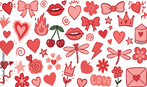 Bow and heart girl coquette pattern. Cute crayon girly vector. Retro cherry flower kiss strawberry butterfly bg. Vintage pink Valentine Wedding bow ribbon print. Line shape doodle set