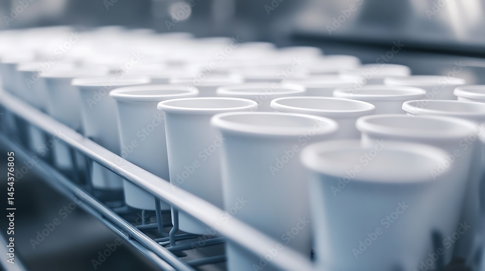 Seamless Rows of White Cups Arranged on Metal Rack in Clean, Modern, and Minimal Style Seamless Rows of White Cups Arranged on Metal Rack in Clean, Modern, and Minimal Style