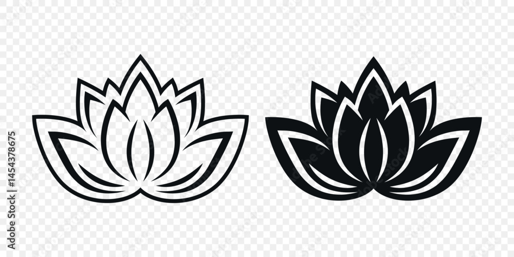 Fototapeta premium Flat Single Color Vector Lotus Flower Icon Set. Monochrome Floral Symbol. Lotus Silhouette Design for Yoga and Spa Logo. Botanical and Nature Emblem Set. Elegant Flower Clipart