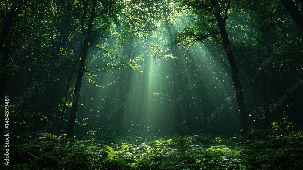 Obraz premium Sunlight piercing a dense, verdant forest. 