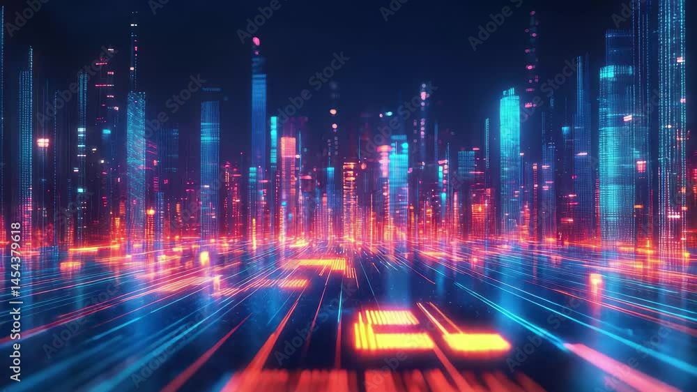 Cityscape with buildings lit up in neon colors. Concept of energy and excitement, as if the city is alive and bustling with activity Cityscape with buildings lit up in neon colors. Concept of energy and excitement, as if the city is alive and bustling with activity