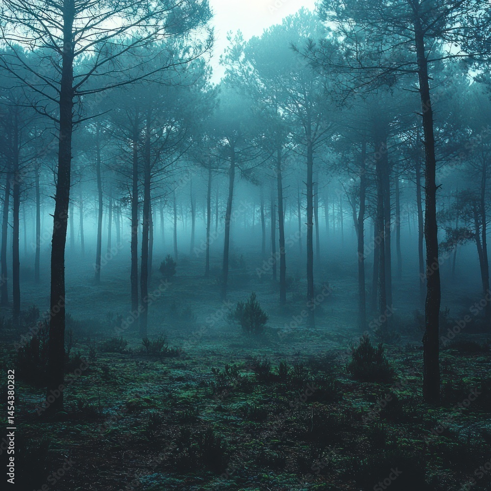 Fototapeta premium Misty, mystical forest. Dense trees shrouded in a tranquil blue haze
