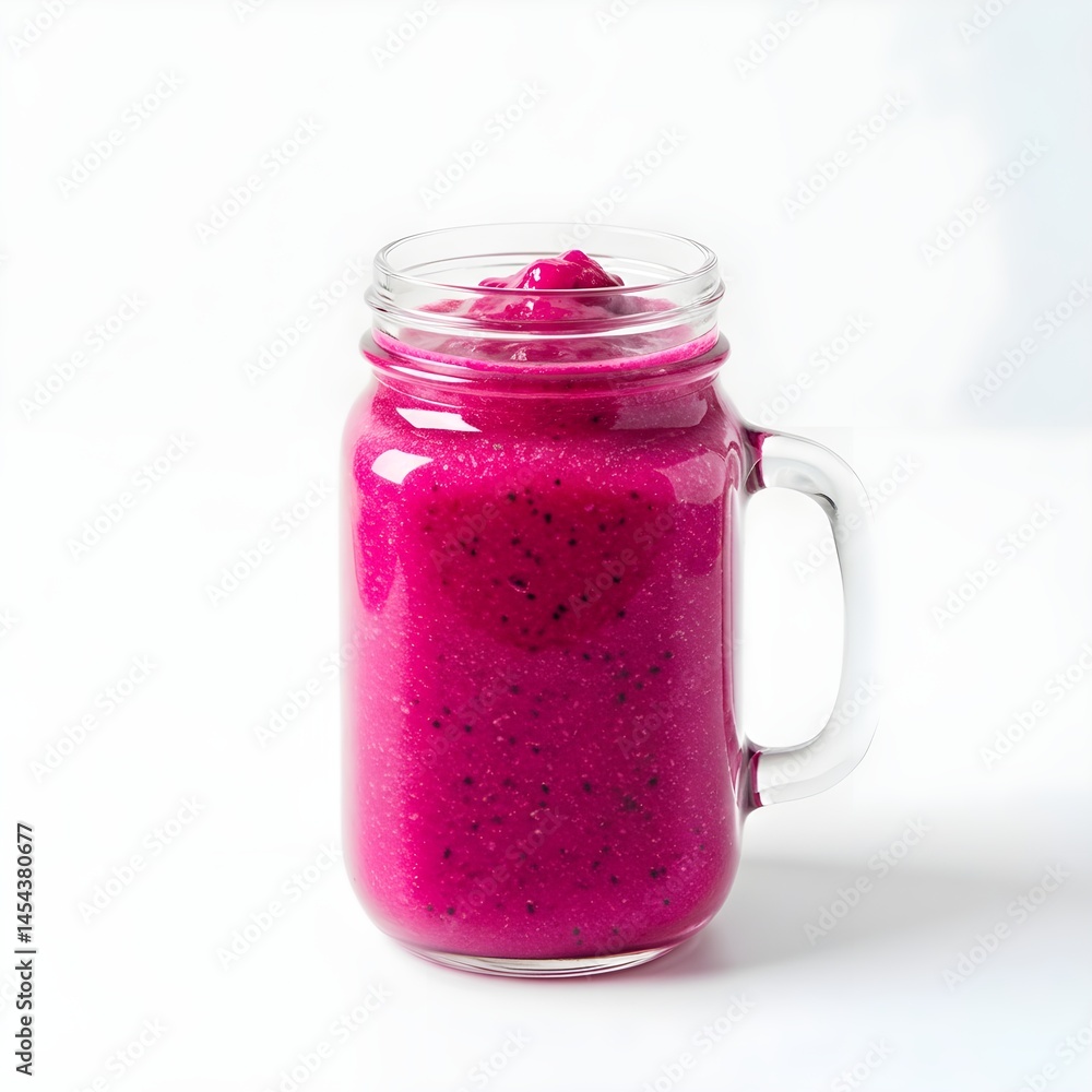 Serving Pink Dragon Fruit Smoothie in Glass Jar on White Serving Pink Dragon Fruit Smoothie in Glass Jar on White