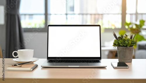 Wallpaper Mural a modern workspace with a laptop open on a table. the workspace features a desk with an open laptop on it, along with what appears to be a notebook or planner next to the laptop Torontodigital.ca