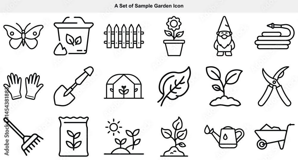 Naklejka premium Black outline icons showcase gardening tools and accessories arranged on a white background
