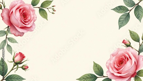 Delicate watercolor roses & leaves on cream background, wall art, texture