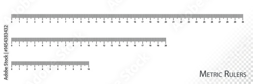 Ruler scale set: 30 cm, 20 cm, and 10 cm. Measurement tool collection. Vector illustration isolated on white background. Perfect for education, school, and design tools.