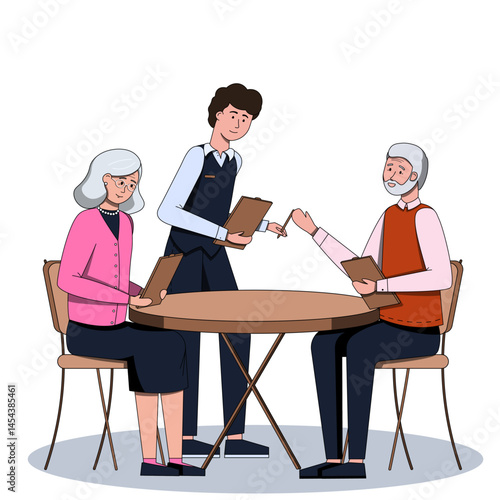 Senior People Being Assisted by Young Waiter