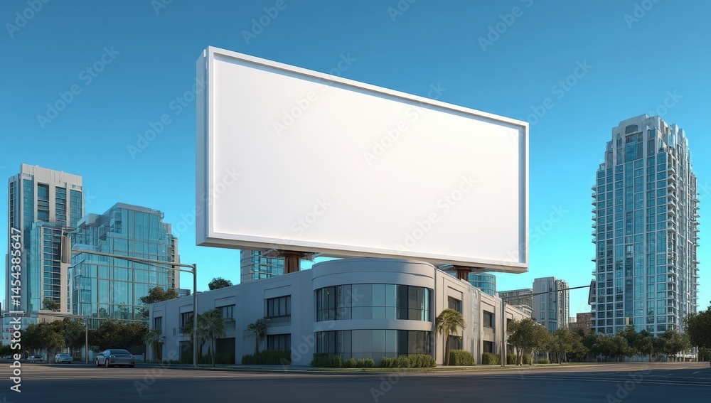 A modern cityscape with a large blank billboard above a building, surrounded by tall skyscrapers and clear blue sky. A modern cityscape with a large blank billboard above a building, surrounded by tall skyscrapers and clear blue sky.