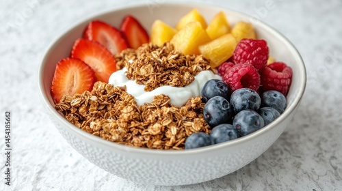 Wallpaper Mural Granola bowl with yogurt and fresh fruits on marbled backdrop Torontodigital.ca