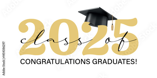 Vector illustration. Class of 2025 badge design template in black and gold colors. Congratulations graduates 2025 banner sticker card with academic hat for high school or college graduation