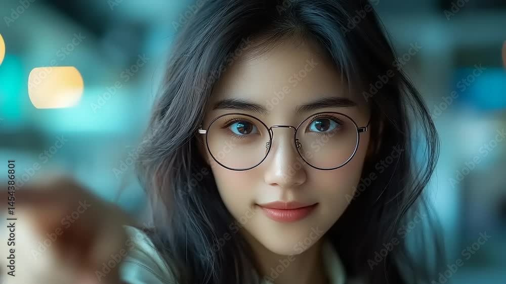 Close-up of a woman wearing glasses, pointing Close-up of a woman wearing glasses, pointing