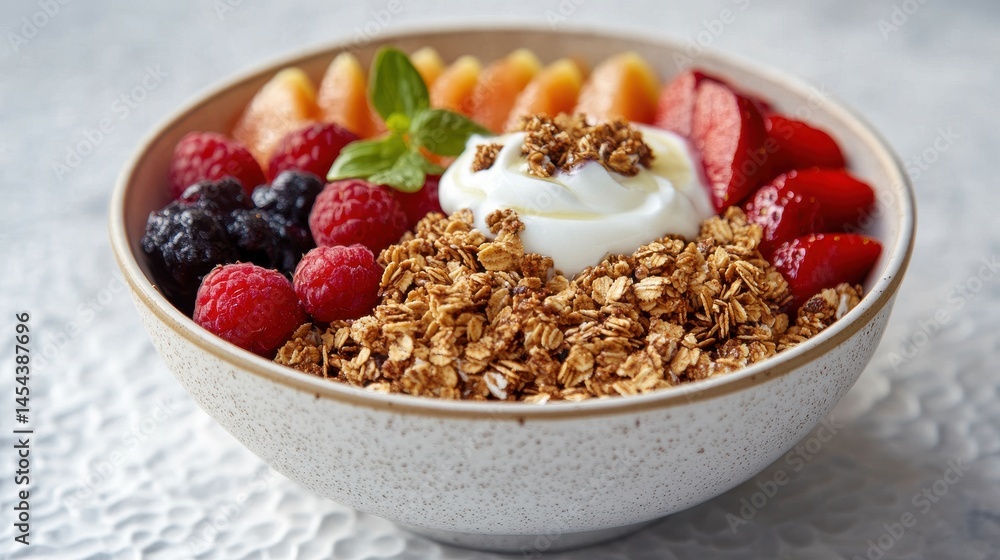 Granola bowl with yogurt and fresh fruits on marbled backdrop Granola bowl with yogurt and fresh fruits on marbled backdrop