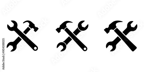 Crossed wrench and hammer icon, Tools icons set. Instruments collection, silhouette of a person with a hammer and wrench and screwdriver, Minimalist Black Silhouette Wrench Vector Design, A black.