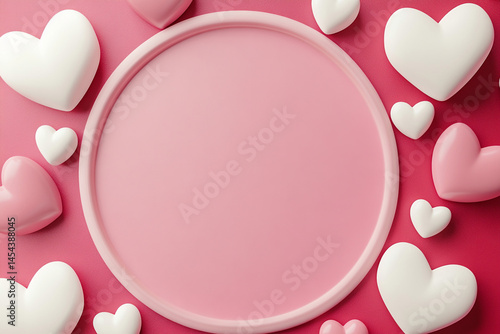 Pink   White Hearts Valentine s Day Background  Romantic  Love  Circle Frame  Mockup