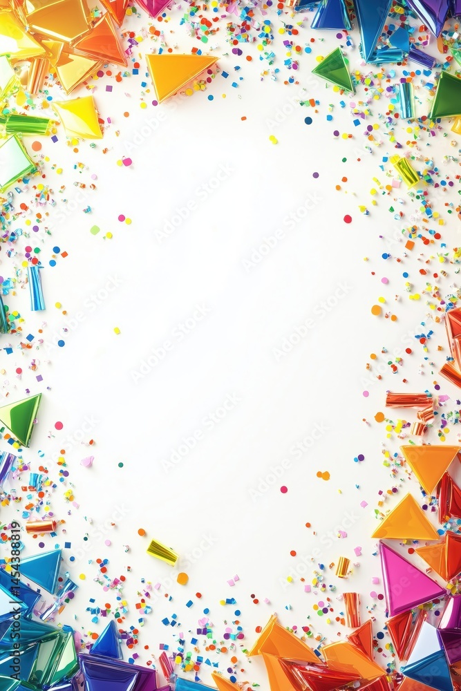 Obraz premium Colorful geometric confetti frame with vibrant 3D triangles on white background