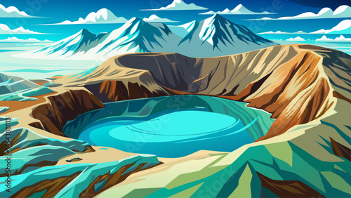 Volcanic crater filled with turquoise water, surrounded by snow-capped ridges and silence