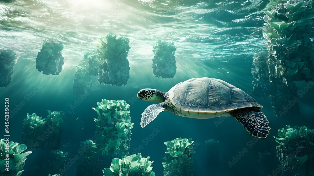 Obraz premium Sea turtle swimming amongst underwater structures