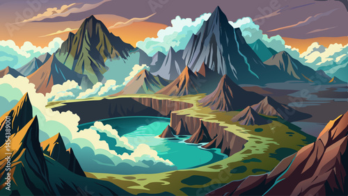 Fog rolls across a high-altitude crater lake, revealing jagged peaks through mist