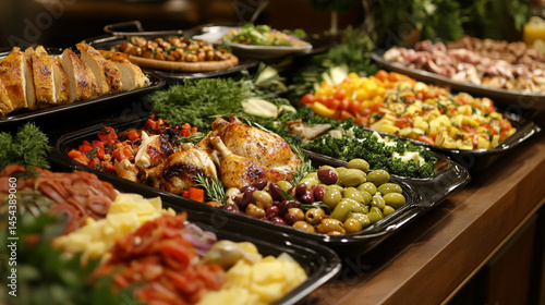 Delicious Buffet  Roasted Chicken  Mediterranean Salad  Olives  Party Food