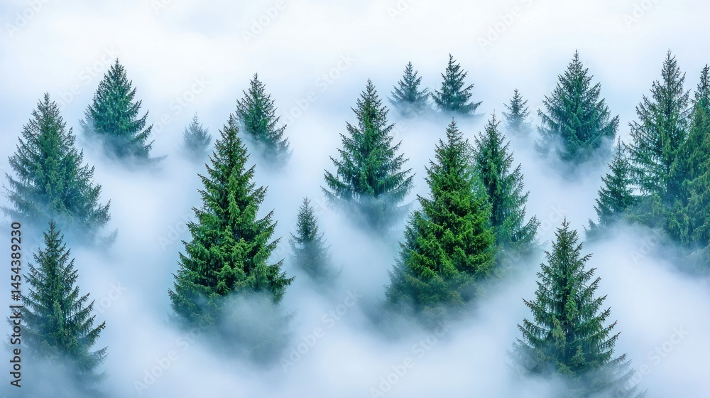 Pines amidst fog create serene landscape view Pines amidst fog create serene landscape view