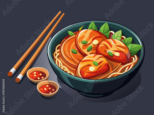 vector of A glass or cellophane noodle bowl with caramelized chicken breast Asian cuisine and a pair of chopsticks on a dark gray background top view