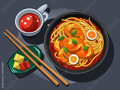 vector of A glass or cellophane noodle bowl with caramelized chicken breast Asian cuisine and a pair of chopsticks on a dark gray background top view