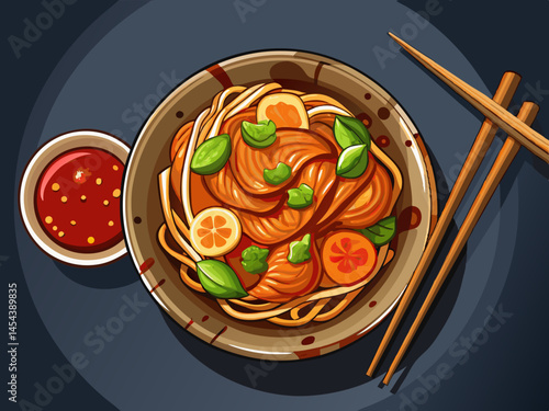vector of A glass or cellophane noodle bowl with caramelized chicken breast Asian cuisine and a pair of chopsticks on a dark gray background top view