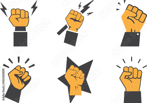 Diverse fists raise with lightning or star icons to demonstrate collective power