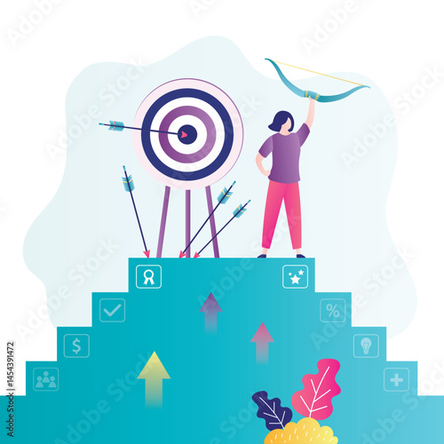 Сareer ladder, happy girl won business competition. Concept of overcoming difficulties and achievements of goals. Woman successfully reached goal.