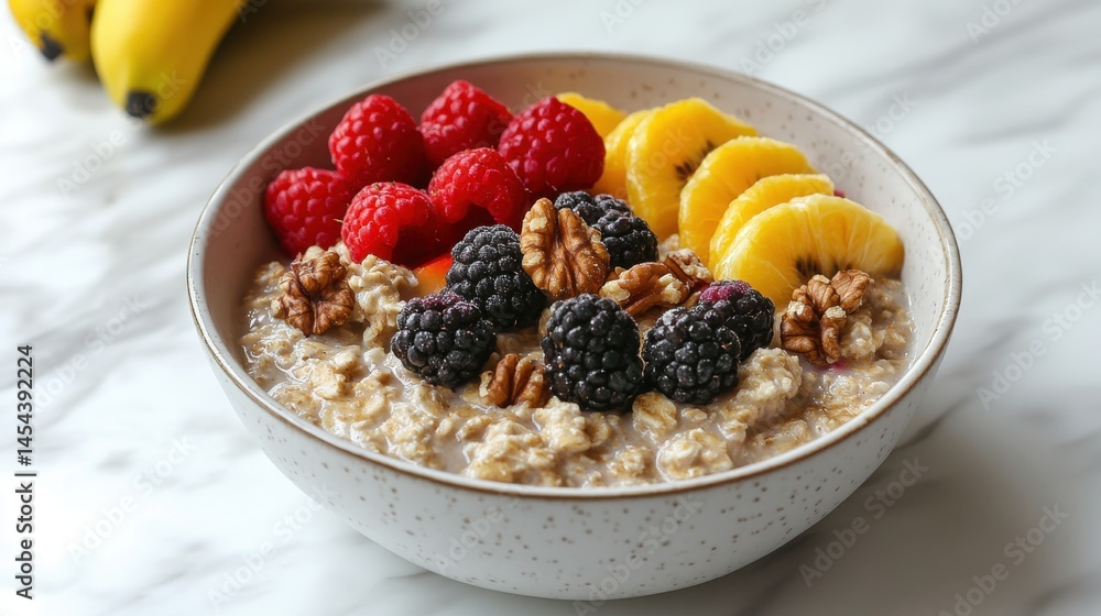 Bowl of oatmeal with fruits and nuts on white marbled background Bowl of oatmeal with fruits and nuts on white marbled background