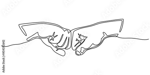 Continuous one line drawing of bro fist bump or pound lineart hands. Concept of brother giving a punch, Man and woman`s clenched fists bump. Continuous one line illustrated fist bump, hitting, attack.