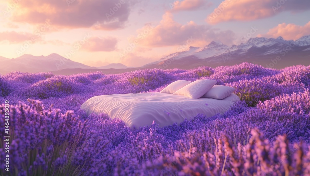 Fototapeta premium Lavender Dreamscape: A Bed in a Purple Paradise at Sunrise