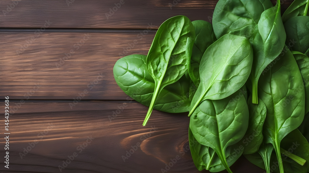 Fototapeta premium A pile of fresh spinach leaves on a wooden table