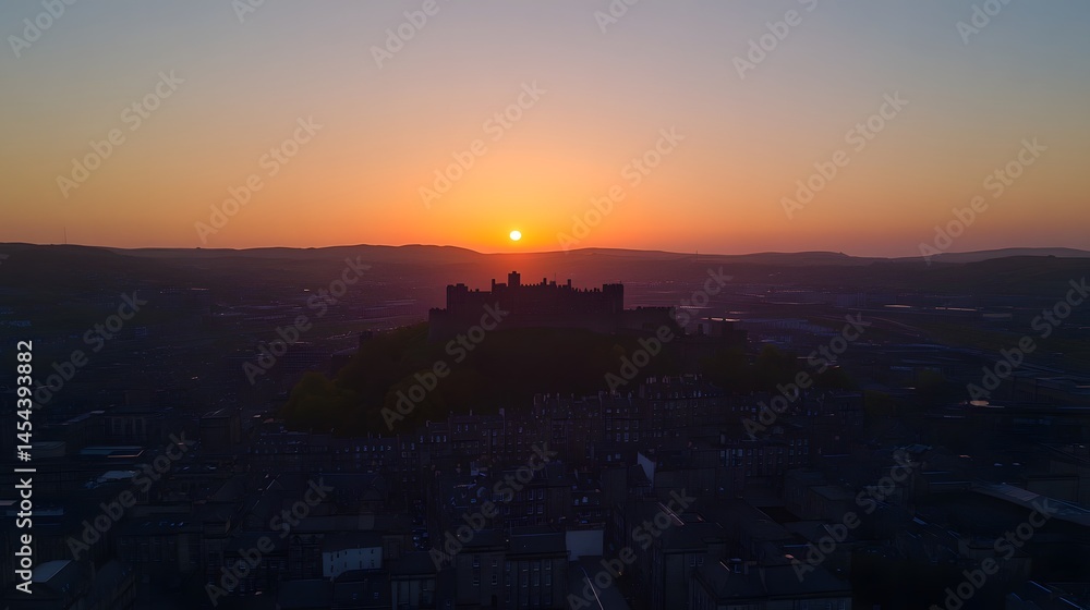 Naklejka premium Sunrise over a medieval fortress city.