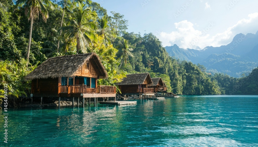 Obraz premium Tropical huts on a tranquil bay